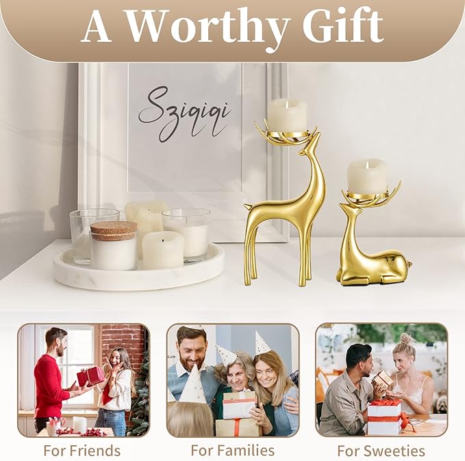 Sziqiqi Gold Reindeer Candle Holder for Pillar Candles Brass Reindeer Tealight Candle Holders Copper Deer Gift Christmas Decor for Table Centerpiece Living Room Mantle Decoration-Ruum Studio Home