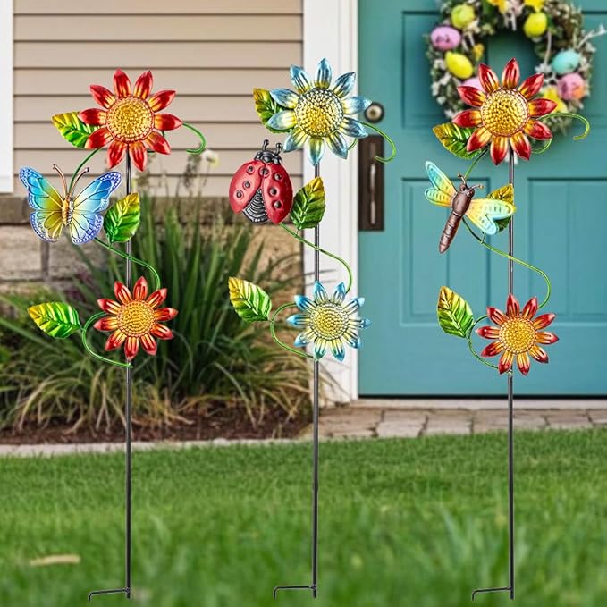 3 Pcs Sunflower＆Butterly＆Ladybug＆Dragonfly Decorative Garden Stakes,23.5 in Metal Sunflower Yard Art for Outside Decor,Spring Outdoor Decor for Mom,Women,Grandma-Ruum Studio Home