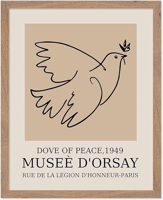 Poster Master Vintage Poster - Retro Minimalist Print - Gift for Artist, Friend - Dove Of Peace, Line Drawing, Sketch, Abstract - Wall Decor for Living Room, Bedroom, 8x10 Beige Framed-Ruum Studio Home
