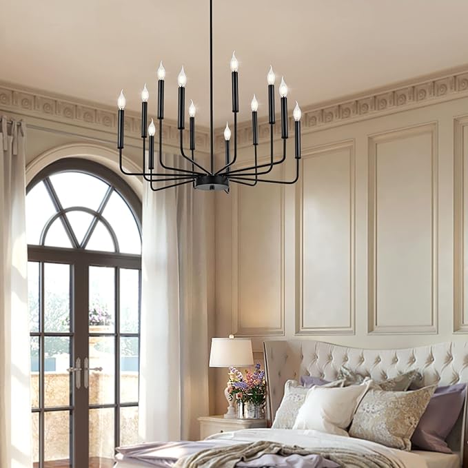 Modern Black Farmhouse Chandeliers, 12-Light Industrial Metal Chandelier Lighting, Classic Candle Hanging Pendant Light Fixtures for Living Room, Dining Room, Kitchen, Bedroom, Entryway-Ruum Studio Home