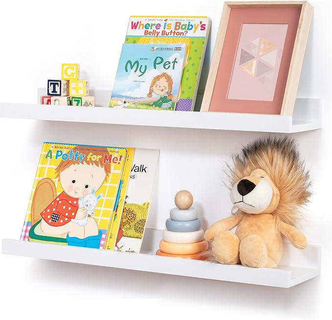 Picture Ledge Shelf for Wall, 24 inch Solid Pine Wood Nursery Book Shelves 2 Packs, Floating Ledge Shelves for Kids' Room Bedroom Bathroom Living Room Photo Frames Office Nursey Wall Decor, White-Ruum Studio Home