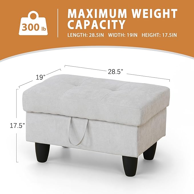 Ottoman Rectangular Storage Ottoman Bench, Flannel Footrest Stool Footstool with Lid for Living Room, Bedroom, Entryway, Khaki, 28.5"x19"x17.5"-Ruum Studio Home