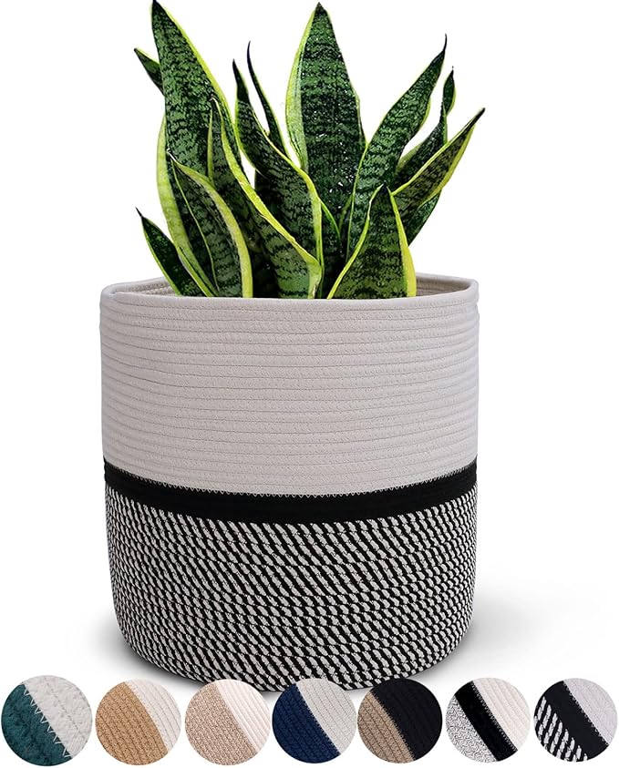 Cotton Rope Plant Basket Modern Woven Basket for 10" Flower Pot Floor Indoor Planters,Storage Organizer Toys Rustic Home Decor,Beige 11"x 11"-Ruum Studio Home