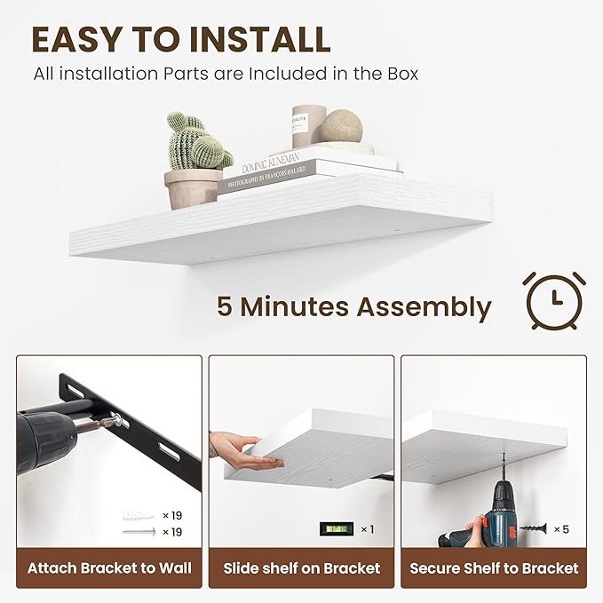 36 Inch Floating Shelves, 12 Inch Deep Floating Shelves for Wall, Floating Shelf with Invisible Brackets, Large Deep Wall Shelves for Bathroom, Bedroom, Living Room, 2 Pack, White-Ruum Studio Home
