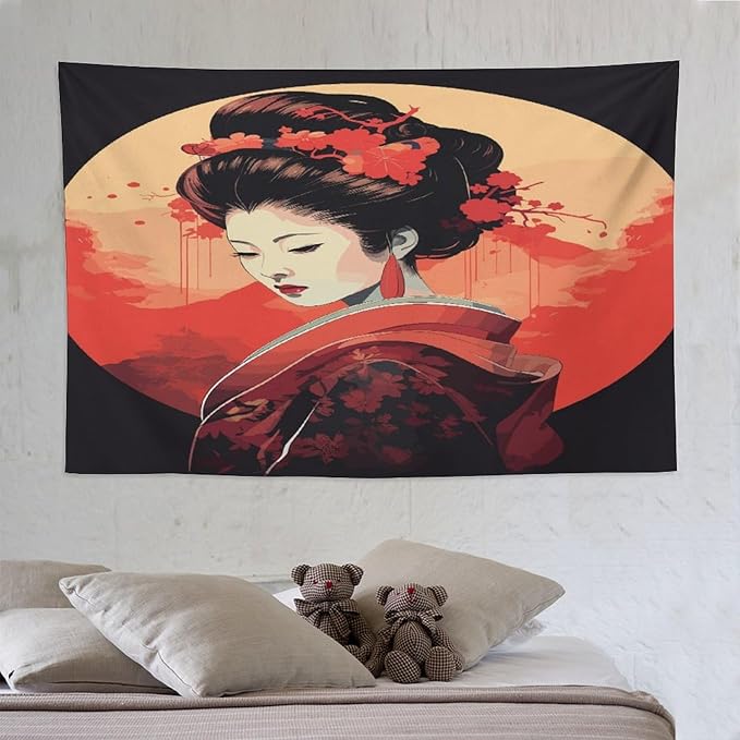 Japanese Woman Geisha Tapestry Asian Cherry Blossom Red Sun Traditional Kimono Folk Tapestries Home Decor for Living Room Bedroom Apartment Farmhouse Dorm 90"x60"-Ruum Studio Home