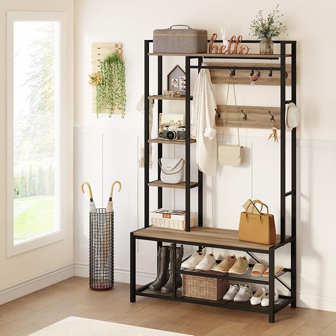 BON AUGURE Farmhouse Hall Tree for Entryway, Mudroom Bench with Shoe Storage, Large Coat Rack Shoe Bench with 5 Tier Open Shelves, Adjustable Side Hooks and Hanging Rod for Foyer (Vintage Oak)-Ruum Studio Home