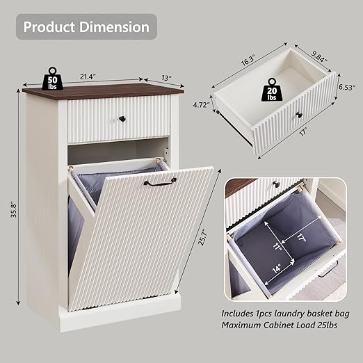 Modern Tilt-Out Trash Can Cabinet, 10 Gallon Fluted Laundry Hamper Cabinet with Drawers, Wooden Hidden Garbage Can Cabinets with Storage Basket, Free Standing for Kitchen and Living Room, White-Ruum Studio Home