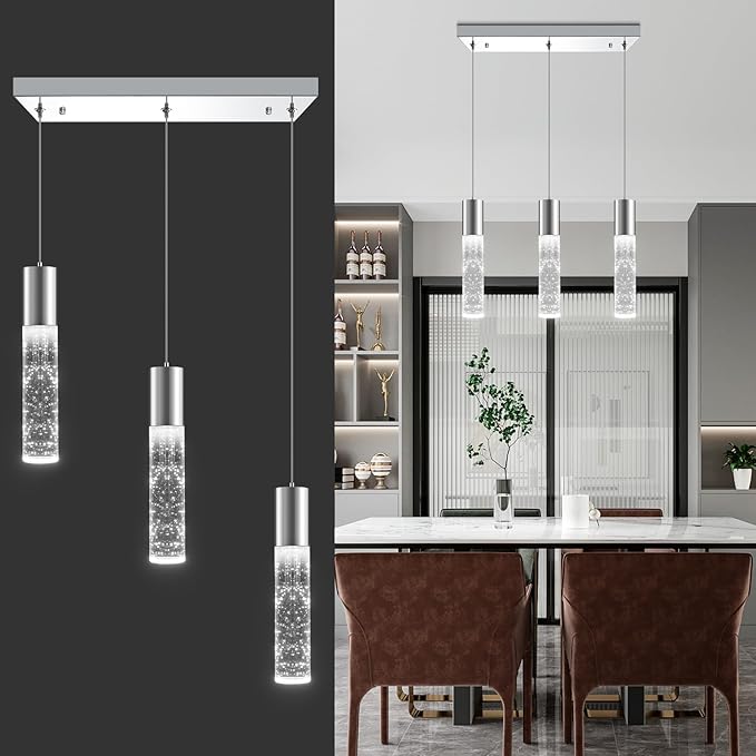 OKELI 3-Light Dimmable LED Pendant Lighting for Kitchen Island, 18W 1350LM Modern Crystal Bubble Island Light Fixture, 6000K Cool White, Adjustable Electro-Chrome Fixture, Easy Install, Square-Ruum Studio Home