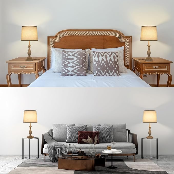 Touch Lamps for Bedrooms Set of 2, Farmhouse Table Lamp with Dual USB Charging Ports, 3 Way Dimmable Nightstand Lamps with Linen Fabric Lampshade for Bedroom (Pack 2-Beige Shade & Antique Brown)-Ruum Studio Home