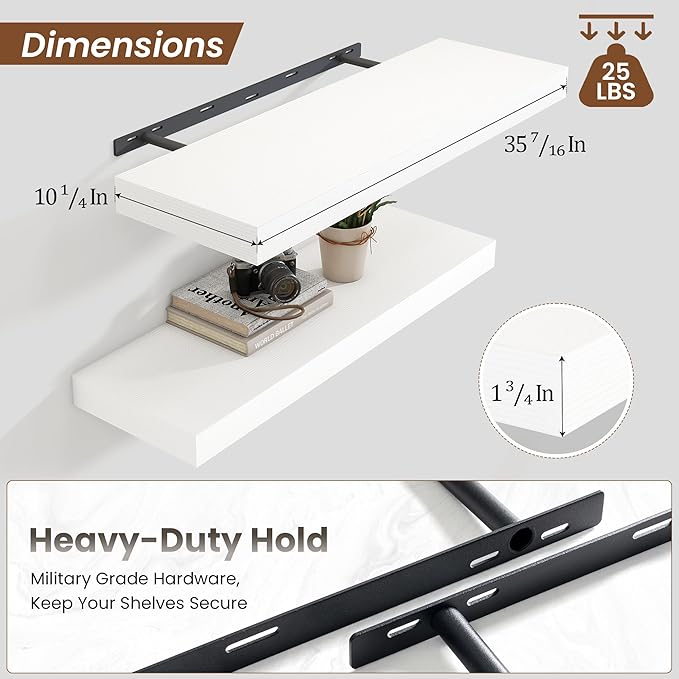 Heimlove 36 Inch Floating Shelves for Wall Set of 2,White Wall Shelves for Storage & Decor - Heavy Duty with Invisible Brackets,Perfect for Living Room,Bedroom,Home Office-Ruum Studio Home
