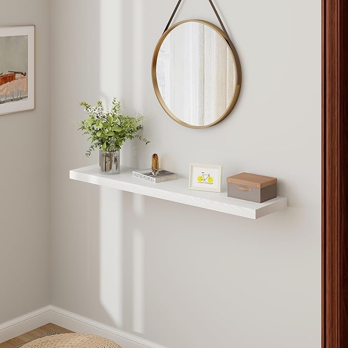 48 Inch Floating Shelves White, Rustic Wood Floating Shelf Wall Mounted, 9 Inch Deep Floating Shelf for Kitchen, Bedroom, 48 x 9 Wall Shelves for Home Storage, Set of 1-Ruum Studio Home