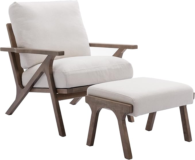 Mid Century Modern Accent Chair with Ottoman, Farmhouse Linen Upholstered Living Room Armchair and Ottoman Set, 23" Seat Wide Retro Leisure Lounge Chair with Wood Frame for Home, Bedroom, White-Ruum Studio Home