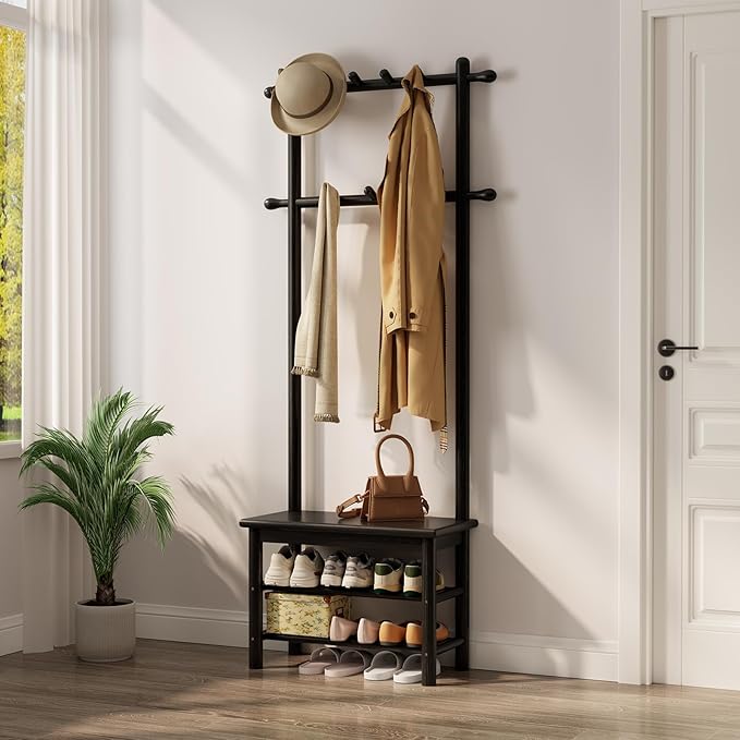 Coat Rack with Shoe Storage, Narrow Wooden Hall Tree with Bench, 11 Hooks and 2-Tier Storage Shelves, 3-in-1, Entryway Bench with Coat Rack (23.6"-Black)-Ruum Studio Home
