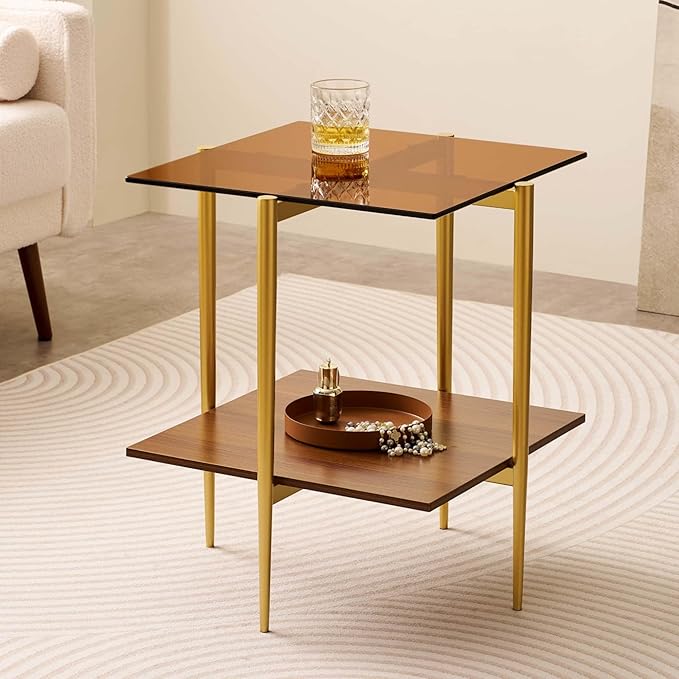 Glass End Table, Mid-Century Modern Design Sofa Table, L41 x W21 x H17, for Living Room, 2-Tier Structure, Clear Glass Top and Walnut MDF Shelf, Sleek Conical Metal Legs with Gold Finish Frame-Ruum Studio Home