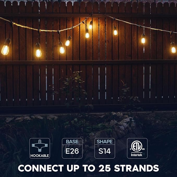 LUXRITE 24FT LED Outdoor String Lights, Commercial Grade Waterproof, 12 Edison S14 Shatterproof Bulbs, IP65, Decorative Hanging for Patio, Backyard, Garden, Cafe, Balcony-Ruum Studio Home