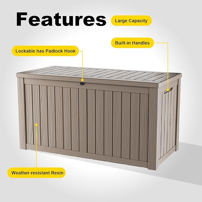 DRATO 150 Gallon Outdoor Storage Box, Large Waterproof Deck Box, Lockable Resin Storage Container with Reinforced Support for Patio Cushions, Garden Tools, UV-Resistant Outdoor Chest-Ruum Studio Home