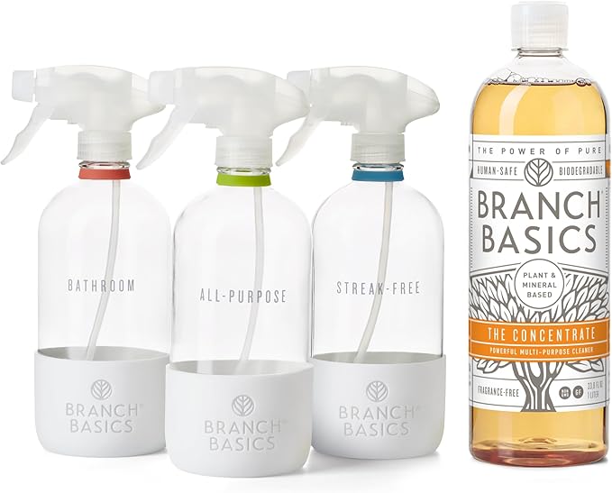 Branch Basics Cleaning Essentials Kit in Glass: All Purpose Cleaner and Bathroom Cleaner - Concentrate (33.8 Oz) + Glass Spray Bottles for Cleaning (16 Oz) Fragrance-Free-Ruum Studio Home
