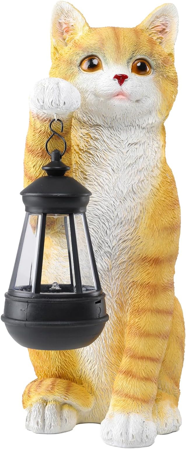 Solar Powered Outdoor Cat Garden Statue, Crafted Garden Sculptures & Statues for Patio, Yard, Lawn, Gardening Gifts for Women and Mom(11" Cat)-Ruum Studio Home