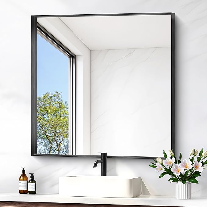 Black Bathroom Mirror, 30x30 Inch Rectangular Framed Mirror, Large Wall Mounted Bathroom Vanity Mirror Over Sink for Bedroom,Restroom, Living Room, Hangs Vertically or Horizontally-Ruum Studio Home
