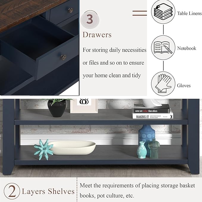 Solid Wood Console Table Sofa Table with Storage Drawers and Bottom Shelf Entryway Table for Entry Hallway Foyer Sofa Couch Table Fully Assembled (48.8" Blue)-Ruum Studio Home