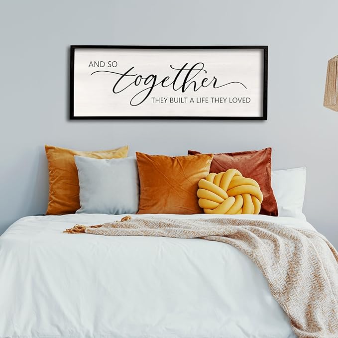And So Together They Built A Life They Loved Sign 40”X15” Master Bedroom Above Bed Wall Decor Large Framed Wood Farmhouse Sign for Over Bed Bedside Wall Art for Love Sign Decor (Black)-Ruum Studio Home