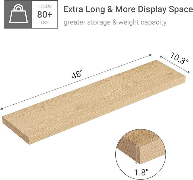 Single Floating Shelves Oak 48 Inches, 48 x 10 inch Deep x 1.8 in Thick, Long Wall Shelves Heavy Duty 80 lbs for Bedroom, Living Room, Kitchen, Office, Modern Shelf Book Home Decor-Ruum Studio Home