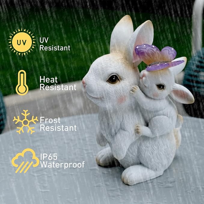 Solar Garden Statues Rabbit with Solar Lights,Mother&Baby Bunny Figurine with Butterfly Changing Lights for Yard Art Garden&Patio Decor,Unique Easter&Birthday Gifts for Women Mom Grandma-Ruum Studio Home