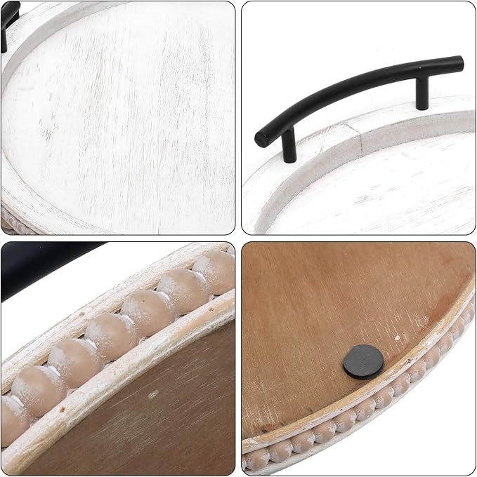 SwallowLiving White Wooden Beaded Serving Tray with Handle Decorative Rustic Whitewashed Tray for Coffee Table Farmhouse Round Tray for Kitchen, Living Room and Bedroom-Ruum Studio Home
