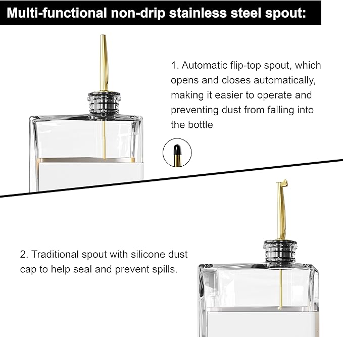 Olive Oil Dispenser for Kitchen, 16.9 oz/ 500 ml Olive Oil Dispenser Bottle, Glass Oil Bottles for Kitchen with 4 Stainless Steel Pourers, 40 Labels, 2 Pcs, Gold-Ruum Studio Home