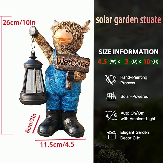 Solar Garden Statues -Highland Cow Lantern Outdoor Handmade Resin Statue with LED Light, and Welcome Holder for Patio, Yard, Gift Ideas (cow2)-Ruum Studio Home