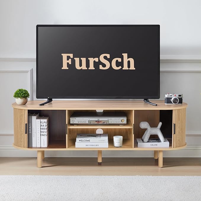 54" Tambour Door TV Stand,Wood Mid Century Modern TV Cabinet for Up to 65“ TV,Curved Edge Long TV Stand with Storage for Bedroom Living Room(Natural, 54inch)-Ruum Studio Home