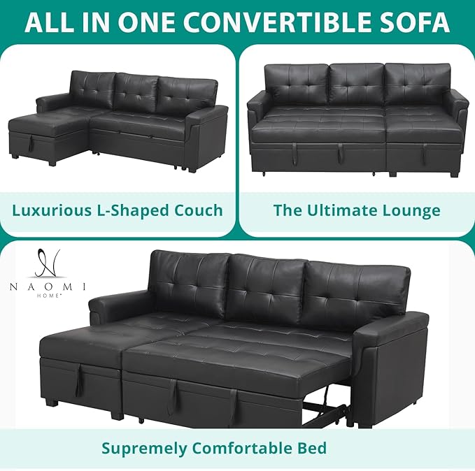 Naomi Home Modern Sectional Sofa with Storage Chaise Black/Air Leather-Ruum Studio Home