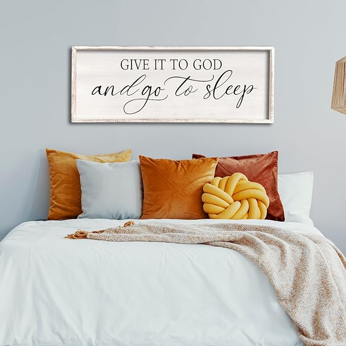 comurdyo Give It To God And Go to Sleep Sign 40''×15'' Master Bedroom Above Bed Wall Decor Wood Framed Couple Large Farmhouse Guest Room Rustic Simple Over Bedside Wall Art Hanging Decor (White)-Ruum Studio Home