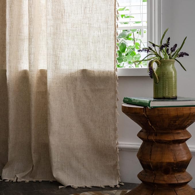 Sutuo Home Boho Curtain 63 Inches Long for Bedroom, Natural Linen Look Textured Burlap Rod Pocket Chic Semi Blackout Bohemian Handmade Tassels Window Treatment for Living Room, 1 Panel 59" W x 63" L-Ruum Studio Home