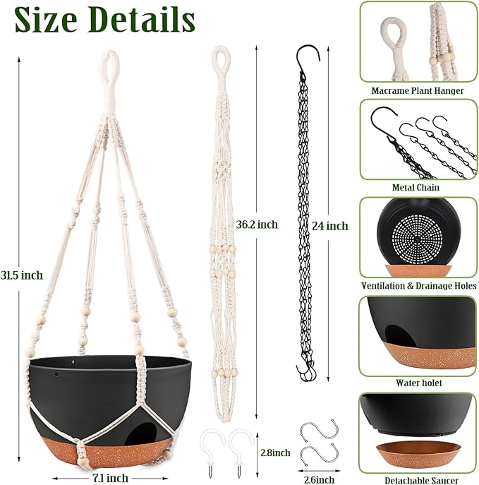 Hanging Planters for Outdoor Indoor Plants, 2 Pack 12 Inch Hanging Basket Plants Outdoor, Self Watering Hanging Planter with Plant Hanger for Garden Home Decoration (2 Type Plant Hangers Black)-Ruum Studio Home