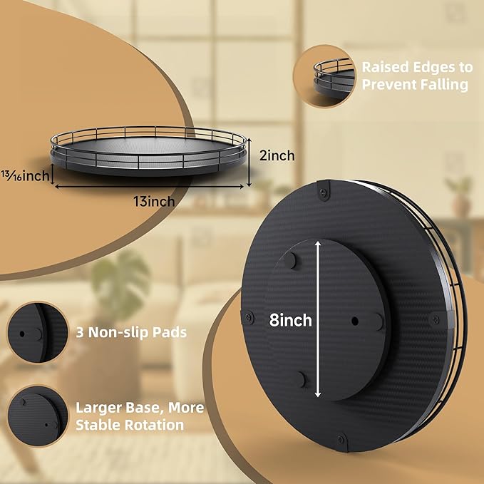 13" Lazy Susan Turntable Organizer for Table Top, Round Wooden Lazy Susan for Cabinet Kitchen Decor Centerpieces Coffee Table, Storage Condiments Spices, Bathroom Vanity Tray for Soap, Black-Ruum Studio Home