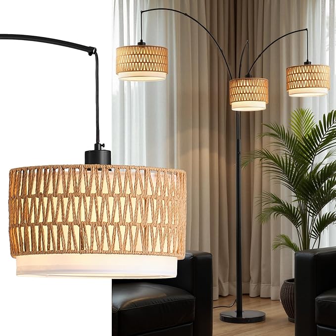 Rattan Floor Lamp for Living Room, 80 Inch Tall Boho Floor Lamp with Rotary Switch, 3 Lights Arc Lamp with Wicker Shade for Coastal,Bohemian,Tree Farmhouse Standing Lamp-Ruum Studio Home