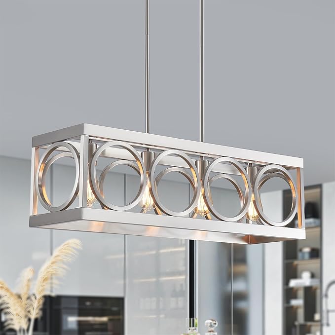 XINGQI Linear Chandelier Brushed Nickel Kitchen Island Light Fixtures 31.5" Rectangle Dining Room Chandeliers, Farmhouse Hanging Large 4-Light Rustic Metal Living Room Office Pendant Lighting-Ruum Studio Home