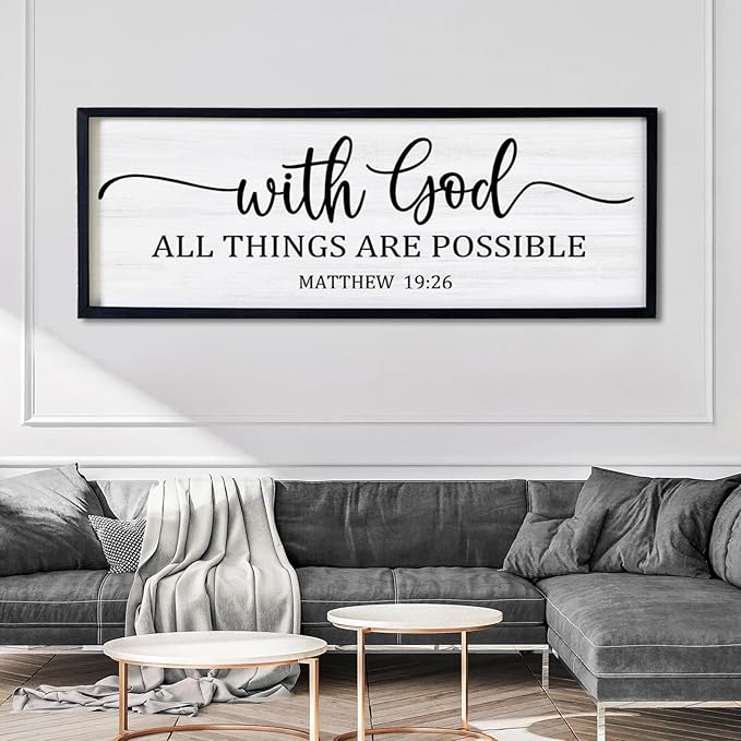 With God All Things are Possible Framed Wall Art, 40''×15'' Black Positive Religious Rustic Bible Verse for Christian God Jesus Christ Prayer, Holy Horizontal Inspirational Catholic Scripture Decor-Ruum Studio Home