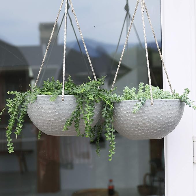 LA JOLIE MUSE Hanging Planters for Indoor Plants, Medium Hanging Planters with Drain Holes, Outdoor Hanging Flower Pots, Storm Gray, Honeycomb (10 Inch, Set of 2)-Ruum Studio Home