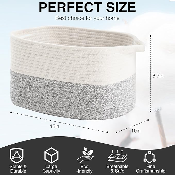 Cotton Rope Woven Storage Basket, Used for Baby Hamper Toy Organizer, Gift Baskets Empty,Kids Laundry Basket,Baby Blanket Basket. Size 15x10x8.7 Inches. (White&Grey-3PCS)-Ruum Studio Home