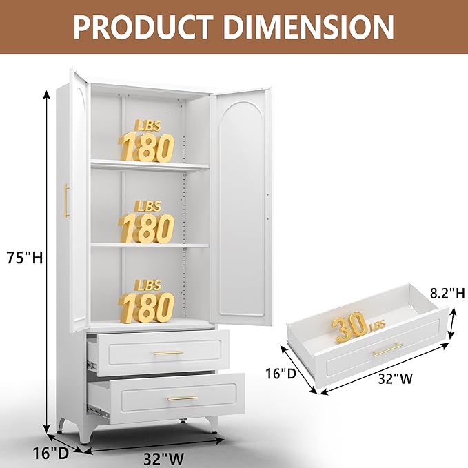 Kitchen Pantry Cabinet, 75" Tall Metal Pantry Cabinet with Two Drawers, Food Cupboards with Doors and Shelves, Freestanding Storage Cabinets for Dining, Living Room, White, Assemble Required-Ruum Studio Home