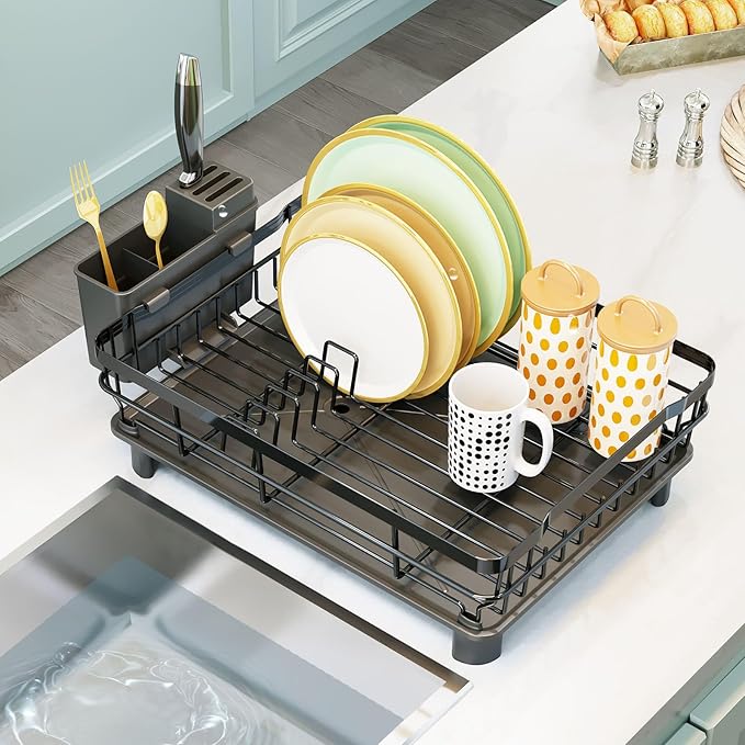 GAXmi Dish Drying Rack Over The Sink Drainer with Drainboard Utensil Holder, 1-Tier Black-Ruum Studio Home