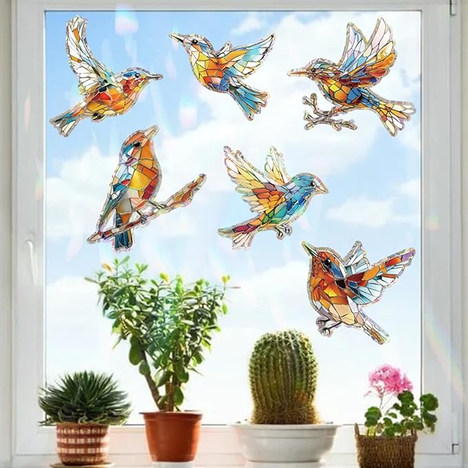 12pcs Window Decals for Bird Strikes, Anti Collision Window Clings, Rainbow Reflection Window Sticker, Hummingbird Style Sun Catcher Stickers for Glass Windows-Ruum Studio Home