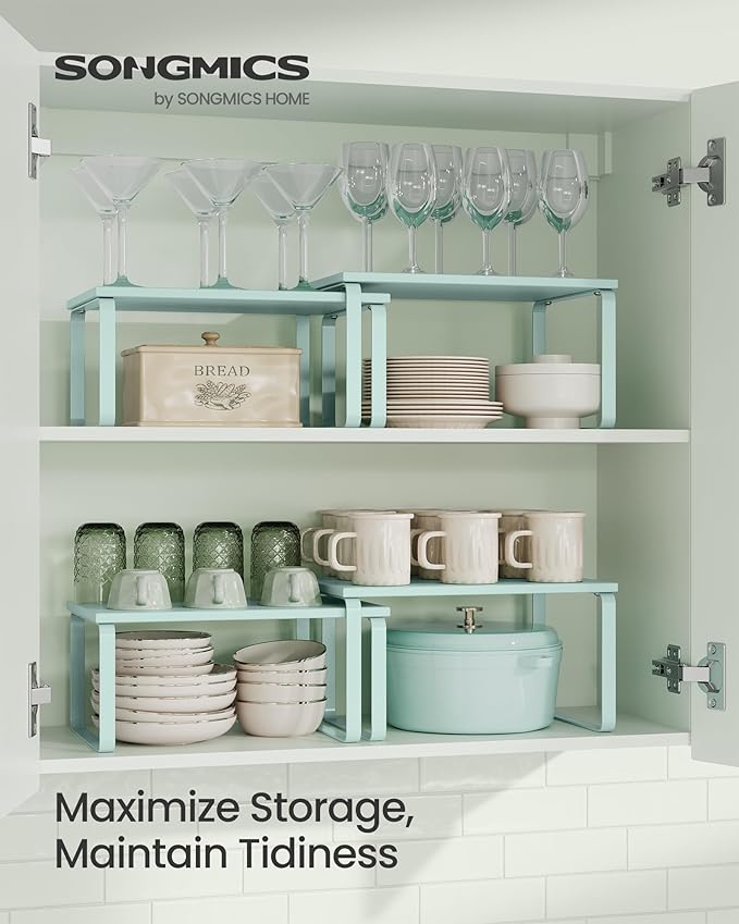 SONGMICS Cabinet Organizer Shelf, Set of 2 Kitchen Counter Shelves, Kitchen Storage, Spice Rack, Stackable, Expandable, Metal and Engineered Wood, Moonlight Green UKCS002C01-Ruum Studio Home
