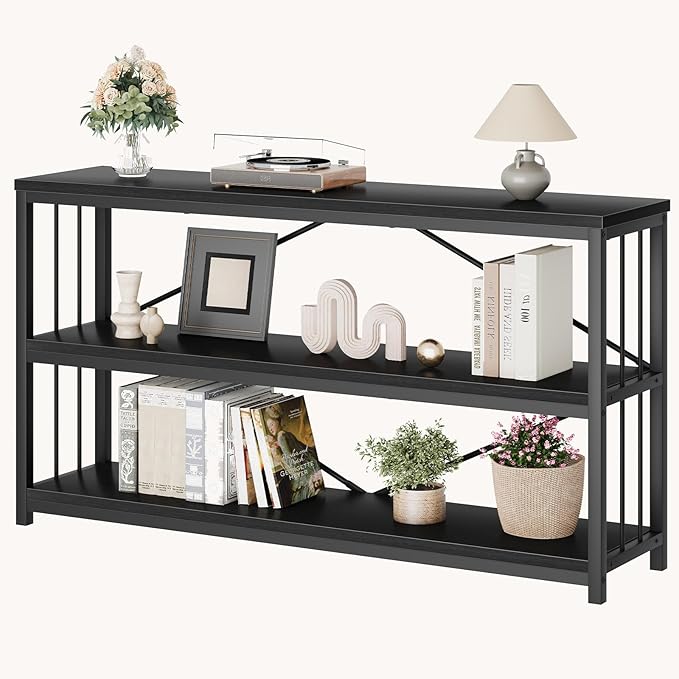 LVB Black Console Table, Modern Entryway Table for Hallway Living Room, Industrial Sofa Table Behind Couch, Farmhouse Wooden Metal Entry Table for Foyer with 3-Tier Storage Shelves, Black Oak, 55 Inch-Ruum Studio Home