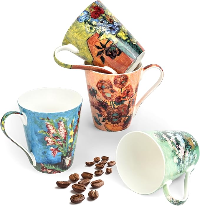 Coffee Mug Sets of 4, 12oz Bone China Porcelain Cups with Art Print Large Handle Dishwasher Microwave safe for Tea Cocoa or Hot Chocolate-Ruum Studio Home