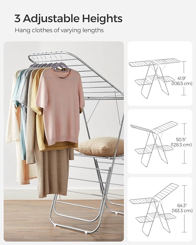 SONGMICS Clothes Drying Rack, Foldable 2-Level Laundry Drying Rack, Free-Standing Laundry Airer, with Height-Adjustable Wings, 33 Drying Rails, Sock Clips, Silver and White ULLR053W01V1-Ruum Studio Home