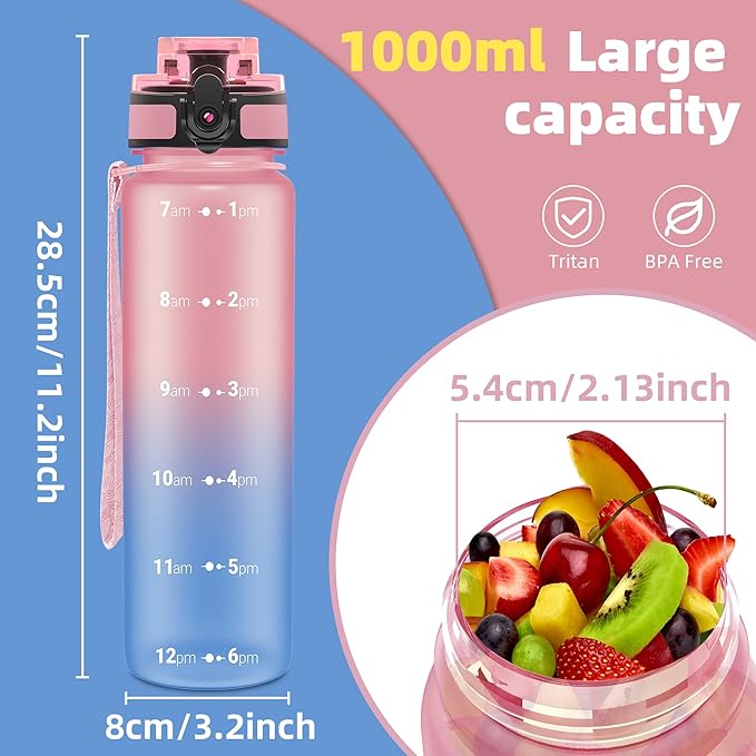 OLDLEY 32 oz Water Bottle, Motivational Water Bottle with Time Marker, Sports Water Bottle With Strap, Leakproof & BPA Free Large Water Bottles for School, Gym, Travel, Outdoor, Tritan,Pink&Blue-Ruum Studio Home