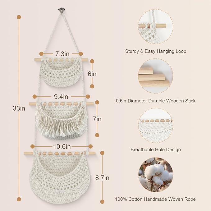 Hanging Baskets for Organizing, 3 Tier Detachable Wall Hanging Fruit Basket Over the Door Organizer for Fruit Vegetable Plant, Beige Boho Cotton Crocheted Fruit Holder for Kitchen Bathroom Bedroom-Ruum Studio Home